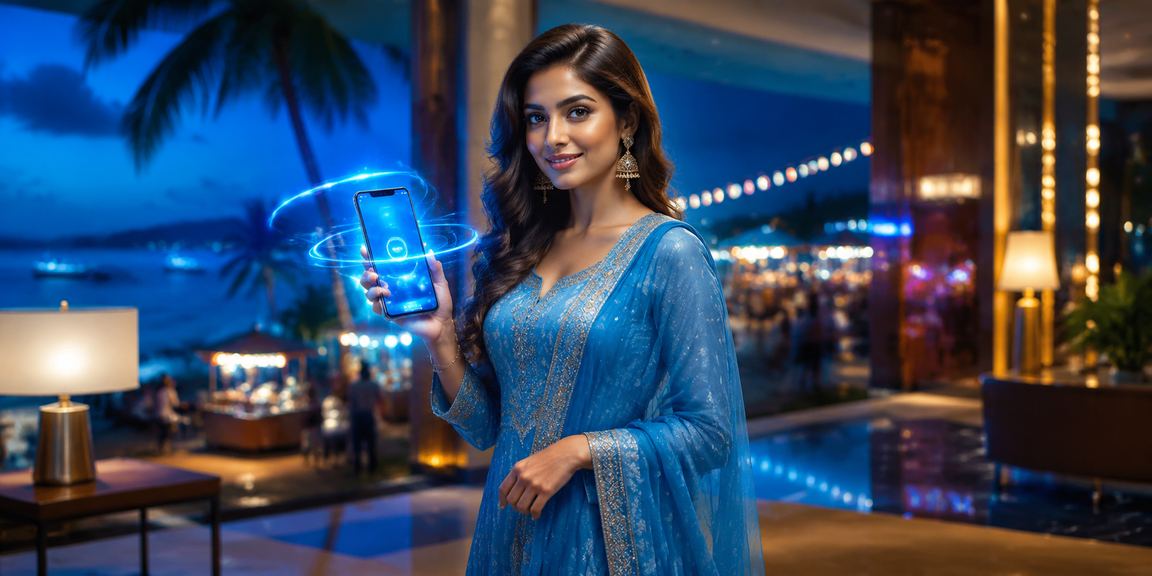 সেন্ট মার্টিনে সালোয়ার কামিজ পরিহিত বাংলাদেশি নারী মোবাইলে ক্যাসিনো প্ল্যাটফর্ম ব্যবহার করছেন